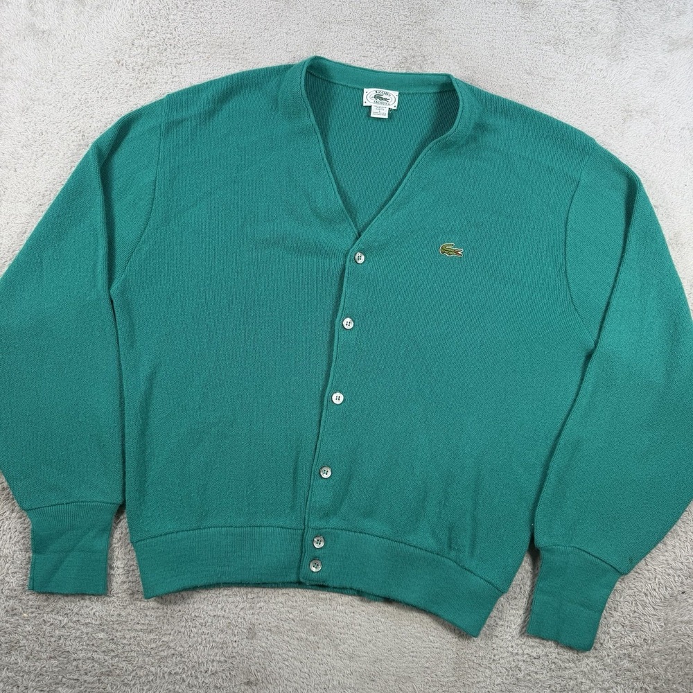Vintage Izod Lacoste Cardigan Sweater Mens Large Teal Green Orlon Acrylic